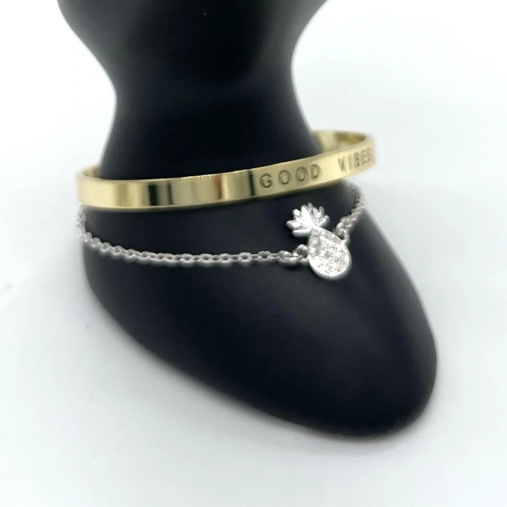 Gold and Silver 'Good Vibes' Cuff Bracelet Set